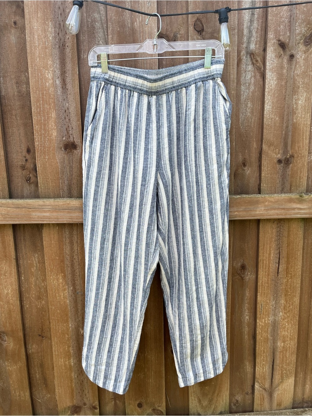 MADEWELL - Linen Blend Pull-On High-Rise Striped Tapered Pants in Blue Grey